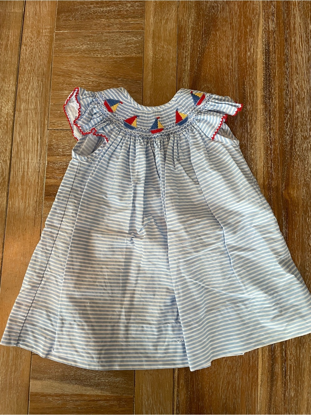 Striped Light Blue Smocked Sailboat Girls Dress